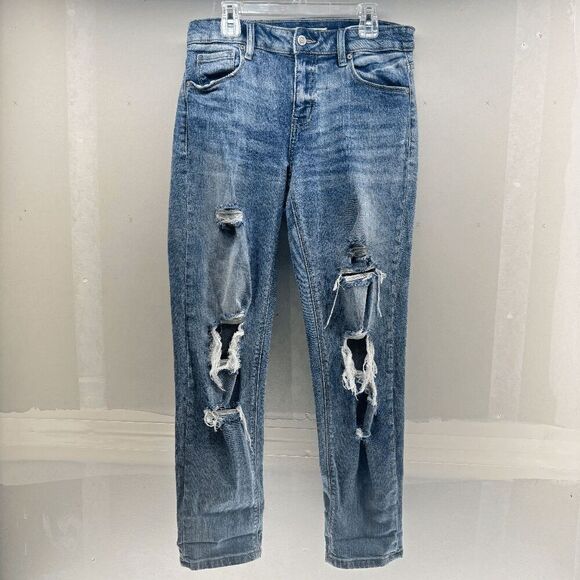 Eunina Women's Jean Frankie Girlfriend Mid Rise Crop Destroyed Blue Size 3 30x26 - Picture 1 of 7